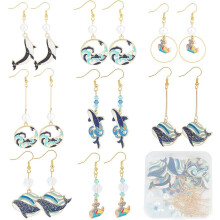 1 Box DIY 8 Pairs Whale Charms Enamel Wave Charm Summer Ocean Earrings Making Starter Kit Blue Sea Flat Round