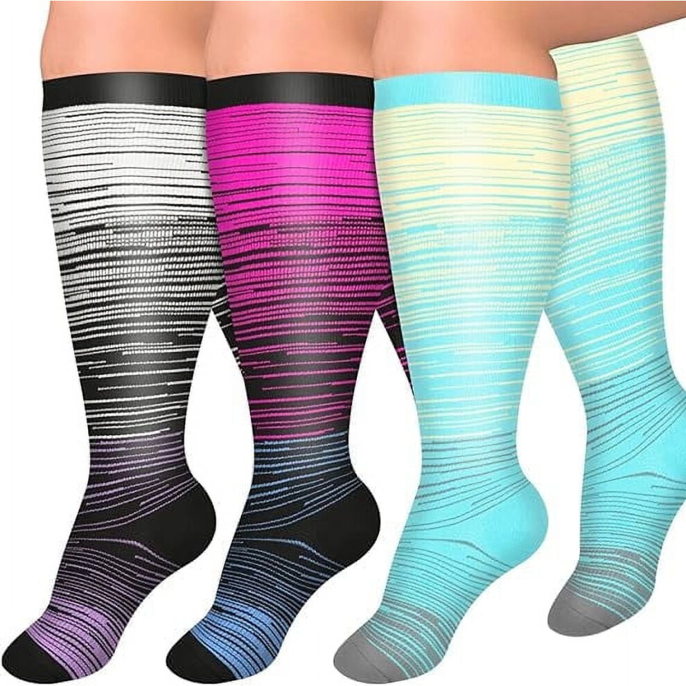 3 Pairs Plus Size Compression Socks for Women and Men Wide Calf 20-30mmhg Extra Knee High Support for Circulation,4XL