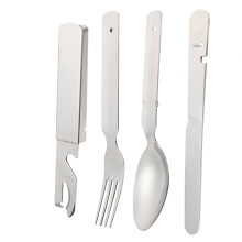 4pcs Camping Cutlery Set Stainless Steel Travel Utensils Reusable Cutlery Set Outdoor Spoon Fork Bottle Opener for Picnic
