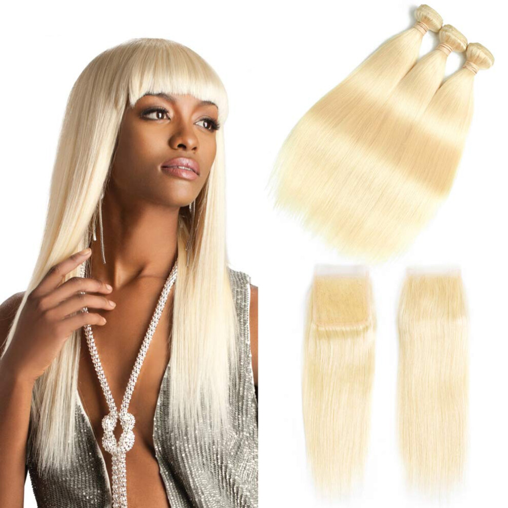 Unisex 613 Blonde Brazilian Straight Human Hair 3 Bundles With 4X4 Closure 16 18 Inch Virgin Weave