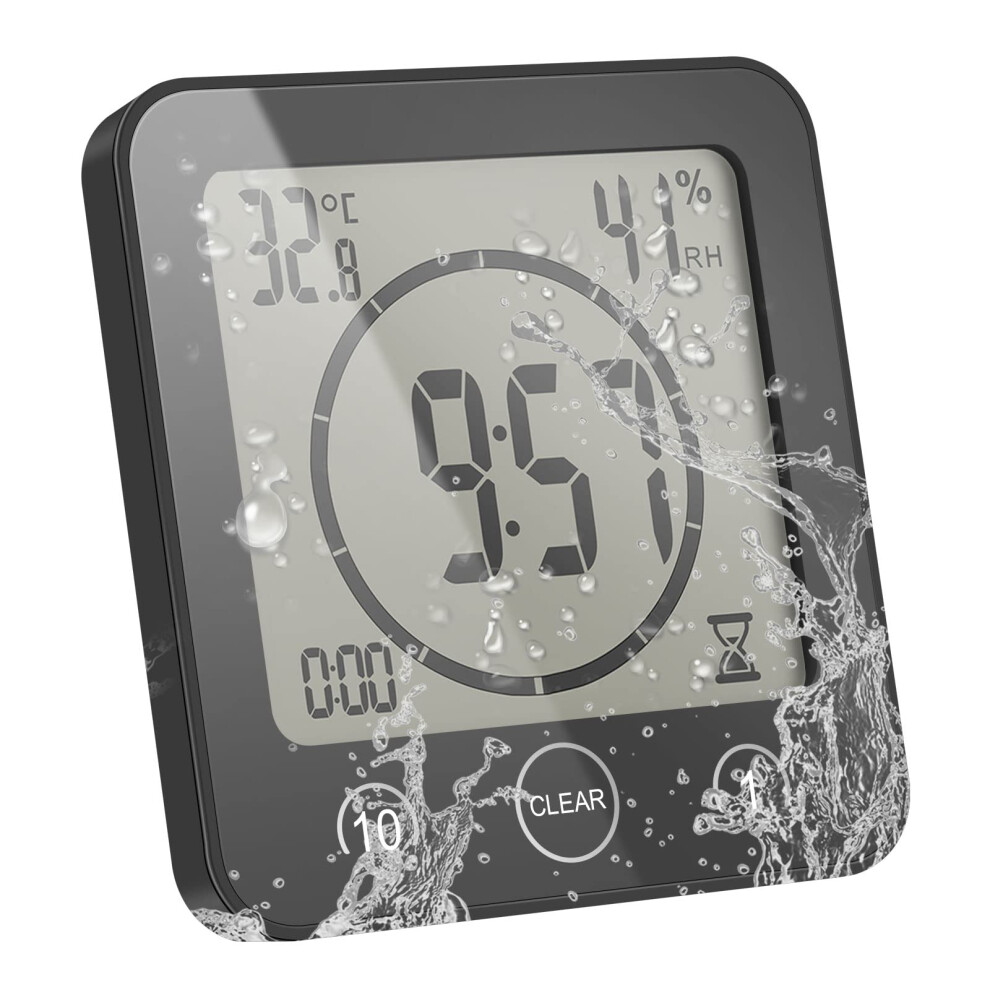 Waterproof Bathroom Clock with Large HD Display, Countdown Timer, Temperature and Humidity Monitor