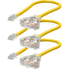 2 FT 12/3 Gauge Tri-Tap Extension Cord Splitter, Indoor/Outdoor, SJTW 15A Yellow Jacket, LED Plug, UL Listed, Pack of 3