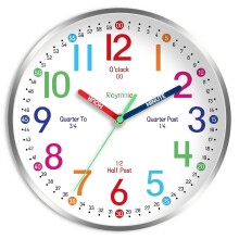 Kids Wall Clock with ColorCoded Learning Face, Silent Sweep, 8 Inch Silver for Classroom and Room