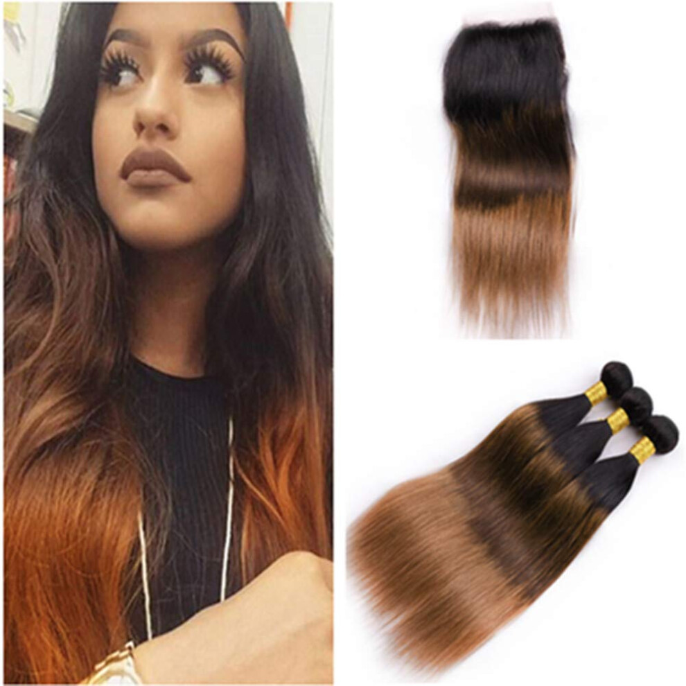 Virgin Peruvian Human Hair Bundles with Closure, 1B/4/30 Three Tone Ombre Straight Extensions