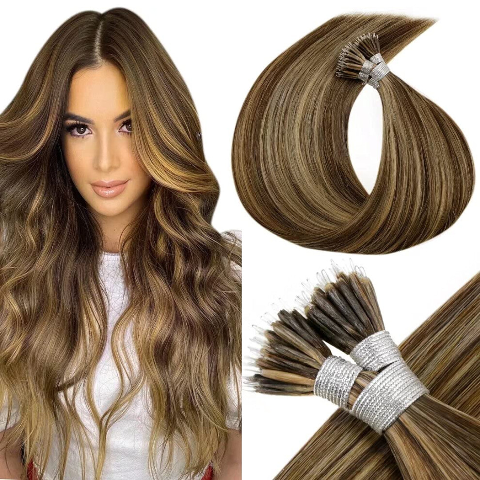 Unisex Brown Nano Ring Remy Human Hair Extensions 22 Inch Balayage Highlight Dark With Honey Blonde