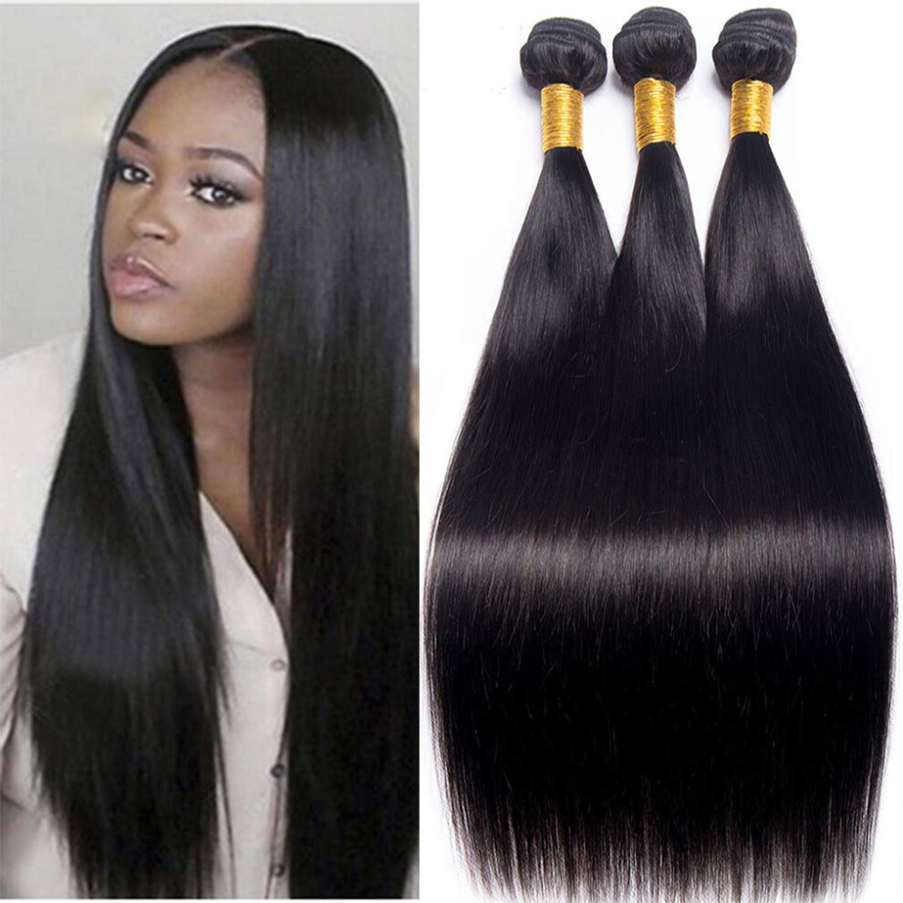 Unisex Brazilian Straight Hair 3 Bundles With Lace Closure Virgin Human Hair Weave Natural Color