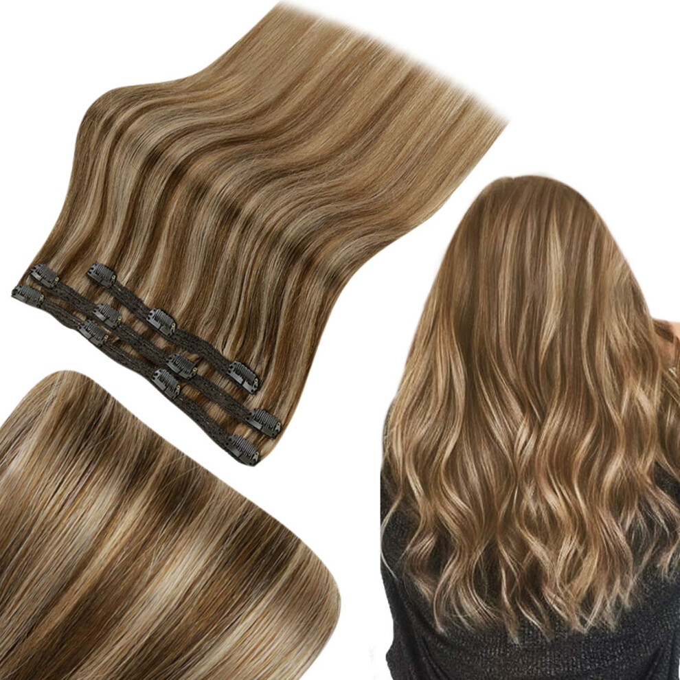 Unisex Brown Clip In Hair Extensions 14 Inch Remy Human Hair With Blonde Highlights Double Weft Silky Straight
