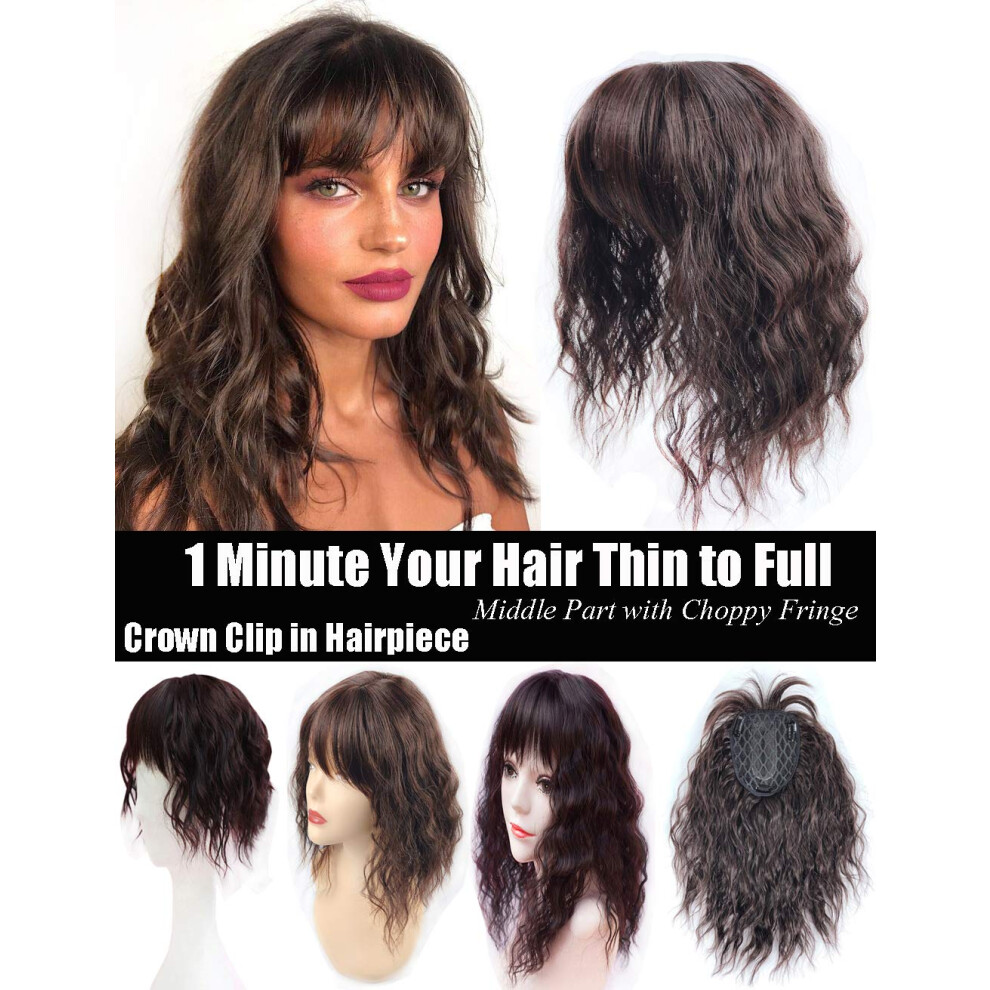 Unisex Black Hair Topper With Fringe For Thinning Hair, Clip In Human Hair Topper 25Cm Middle Part, Seamless Natural Blending