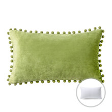 Phantoscope Velvet Series Pom Pom Rectangle Decorative Throw Pillow, 12" x 20", Green, 1 Pack