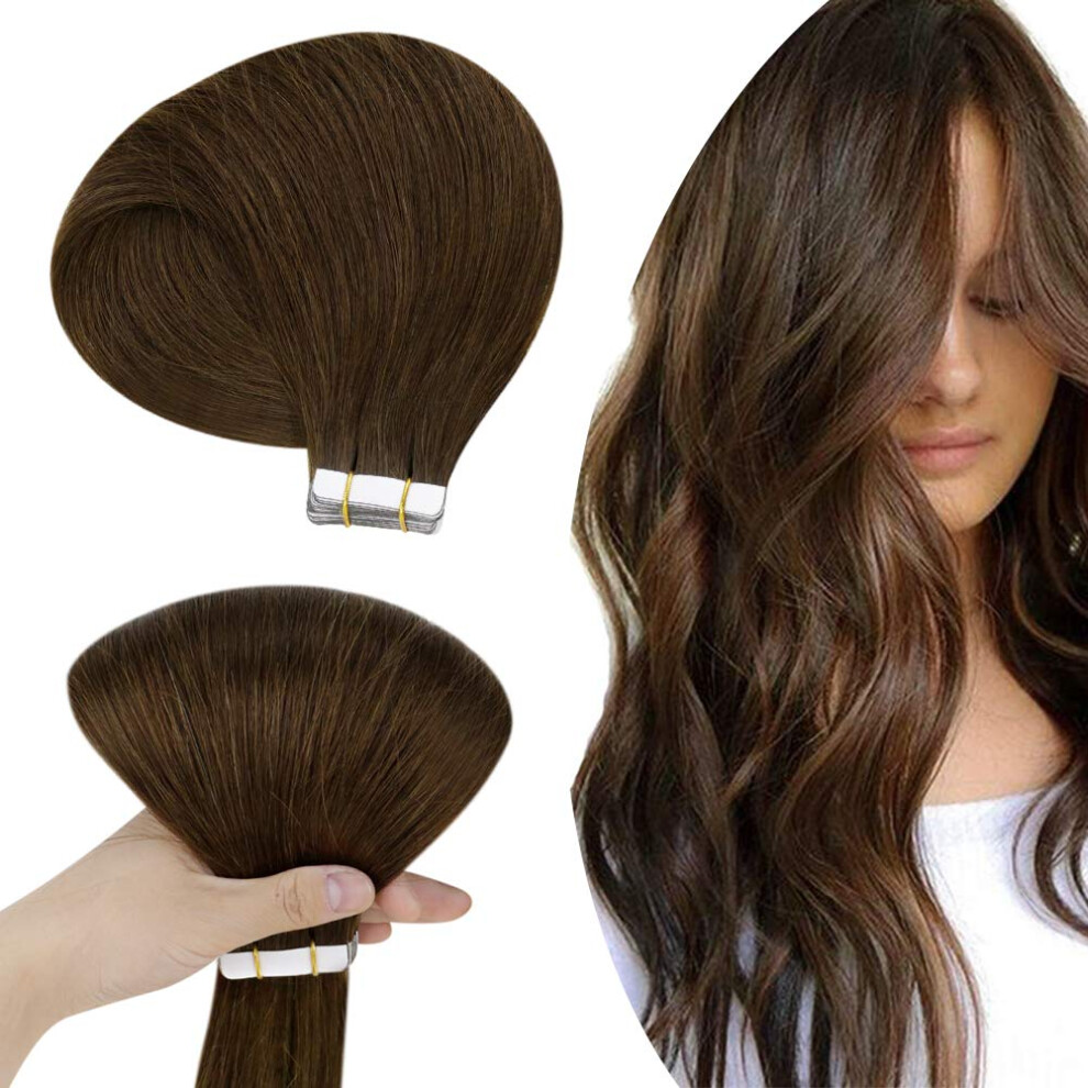Unisex Brown Tape In Remy Human Hair Extensions Dark 18 Inch Straight Skin Weft Natural Look 20Pcs 50G