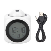 Projection Alarm Clock for Bedroom Ceiling with Voice Time Announcement, LCD Display and USB Cable (White)