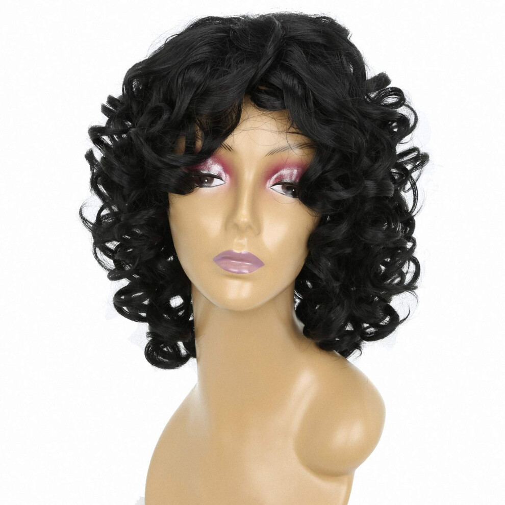Black Full Lace Wig Heat Resistant Synthetic Fiber Medium Length Wavy Natural Hairline Design