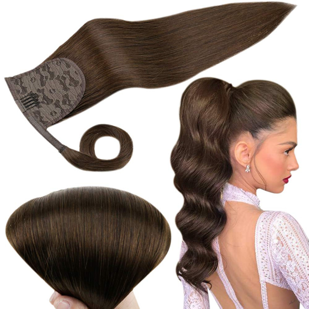 Unisex Brown 22 Inch Wrap Around Remy Human Hair Ponytail Extension Dark Silky Straight For Fuller Volume