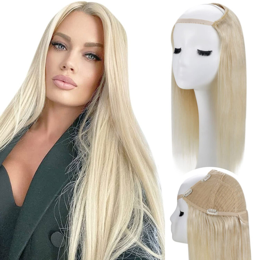 Unisex Silver 14 Inch Platinum Blonde U Part Human Hair Wig Straight Remy For Instant Volume And Seamless Blend