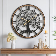 Large Wall Clock 24 Inch Tree of Life Silent Sweep Movement with Metal and Wood Frame Vintage Decor