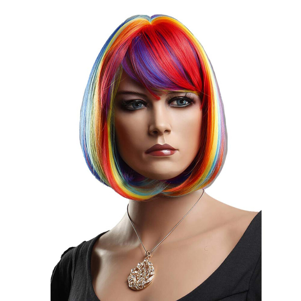 Synthetic Wig 12 Inch Short Straight with Rainbow Highlights Heat Resistant Fiber and Cap