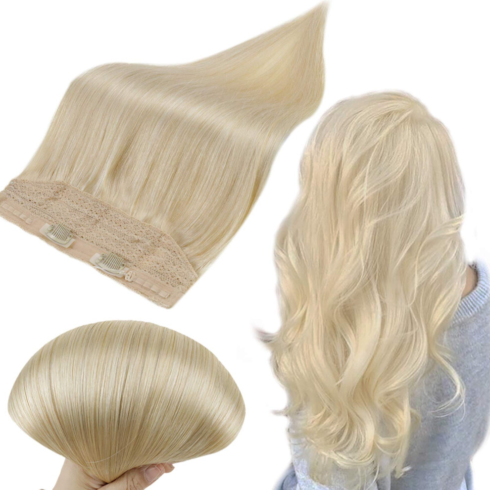 Unisex Halo Hair Extensions 613 Bleach Blonde 16 Inch Remy Human Hair With Invisible Wire And Clips