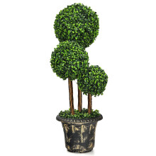 3ft Artificial Boxwood Triple Ball Topiary Tree with Cement Base, Indoor Outdoor Fake Plants Decoration