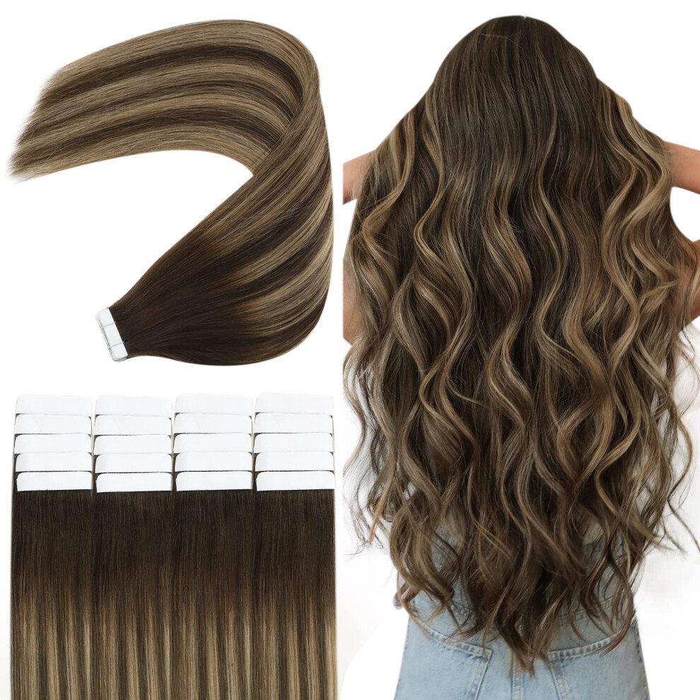 Unisex Brown 20 Inch Dark To Caramel Blonde Balayage Tape In Hair Extensions Remy Human Hair 20Pcs 50G