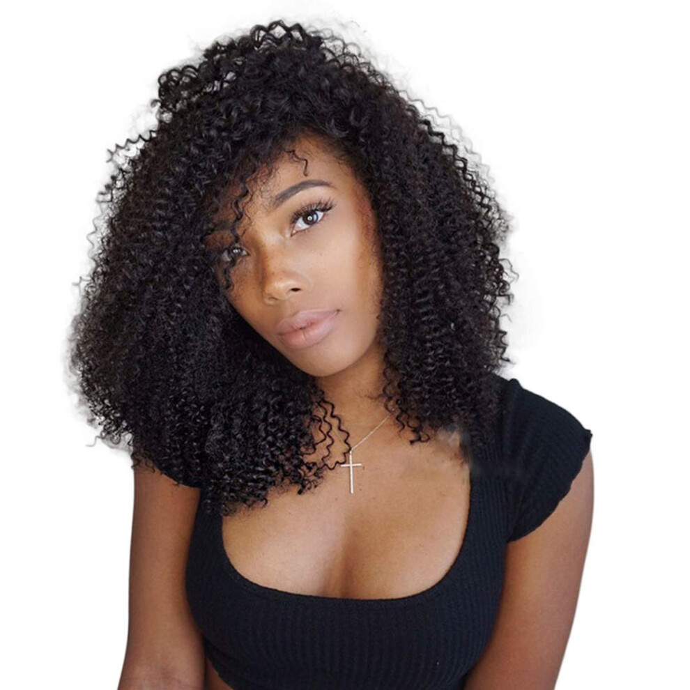 Unisex Black Afro Curly Human Hair Wig Glueless Lace Front Bob With Baby Hair Natural Hairline For Women 12 Inches