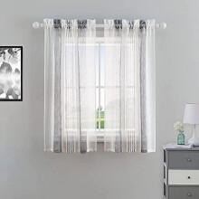 Sheer Farmhouse Cafe Curtain 30" Beige with Vertical Stripes, Rod Pocket Kitchen Bathroom Curtain Faux Linen Textured, 27"x30"