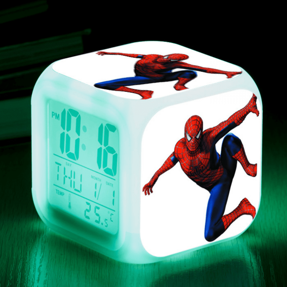 Hanntaoo Digital Alarm Clock For Kids, Spider-Man Led Clock With Thermometer, Night 7 Color Changing, Gift For Boys Girls Light