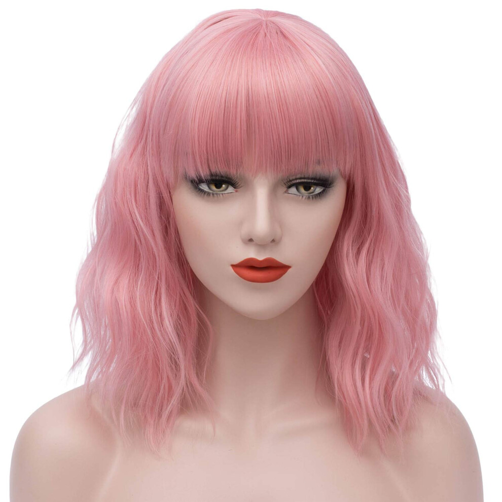 Unisex Pink Bob Wig With Bangs, Short Fluffy Curly Heat Resistant Synthetic Cosplay Hair For Women