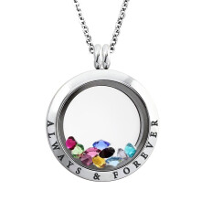 Tioneer Stainless Steel Always & Forever Engraved Floating Glass Charm Locket Pendant Necklace 25 MM