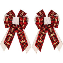 2Pcs Christmas Wreath Bows, Red Brown Plaid Burlap Bows Compatible with Wreaths, Tree Topper, Indoor Outdoor Holiday Decor