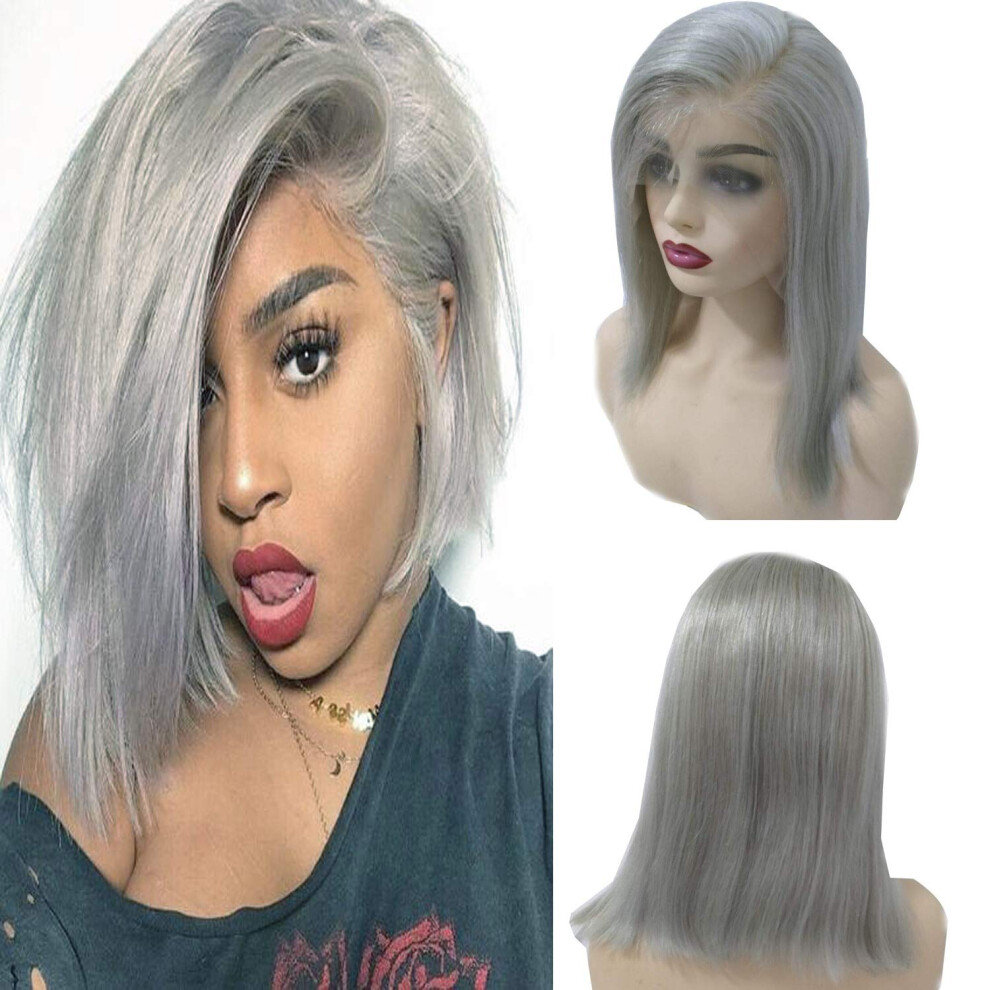 Unisex Black,Grey 13X6 Grey Lace Front Bob Wig Human Hair Pre Plucked Natural Hairline For Black Women