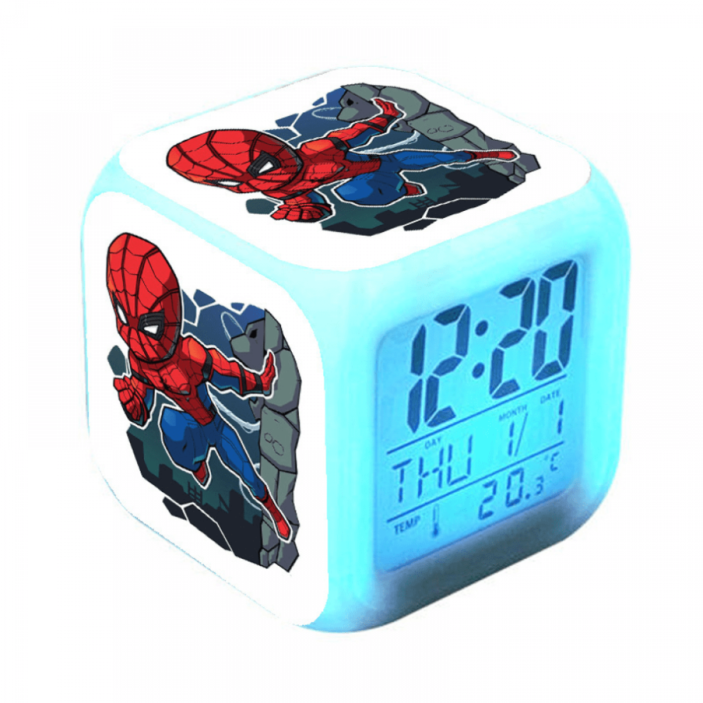 Hanntaoo Digital Alarm Clock For Kids, Spider-Man Led Clock With Thermometer, Night 7 Color Changing - Gift For Boys Girls Light
