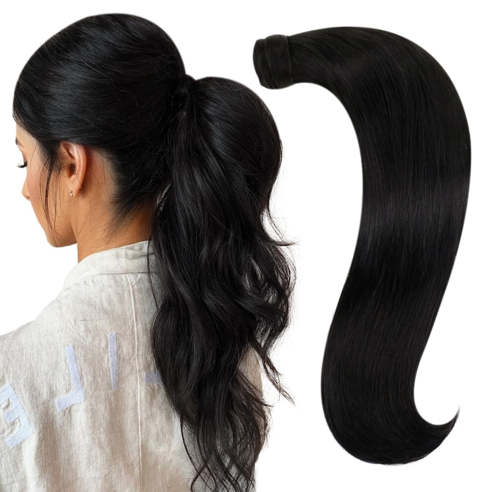Unisex Black Silky Straight Remy Human Hair Ponytail Extension Wrap Around 22 Inch Natural Volume Boost