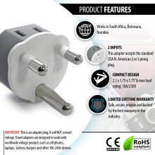 South Africa, Botswana, Namibia Power Plug Adapter with 2 USA Inputs - Travel 3 Pack - Type M (US-10L), Safe Grounded