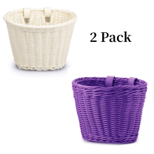 HIPKZ 2pcs 8.27x6.3x6.3in Bicycle Front Basket, Rattan Hand Woven Waterproof Bike Basket Compatible with Kids Children Bike (White & Purple)