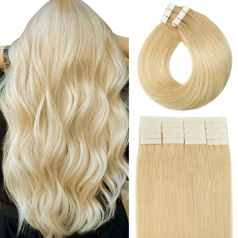 Unisex 14 Inch Bleached Blonde Tape In Human Hair Extensions 20Pcs 100% Remy Silky Straight For Women