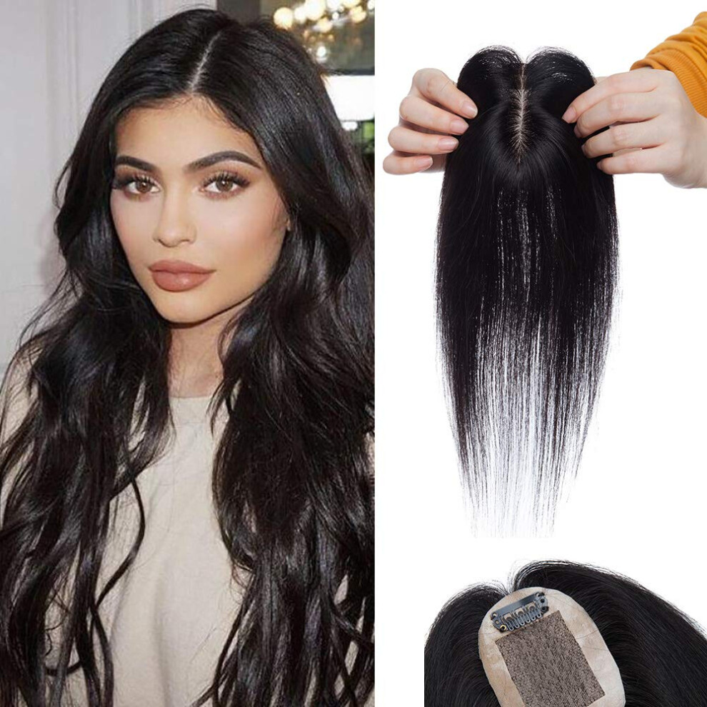 Unisex Black Human Hair Silk Base Topper For Thinning Hair Clip In Natural Straight Crown Coverage