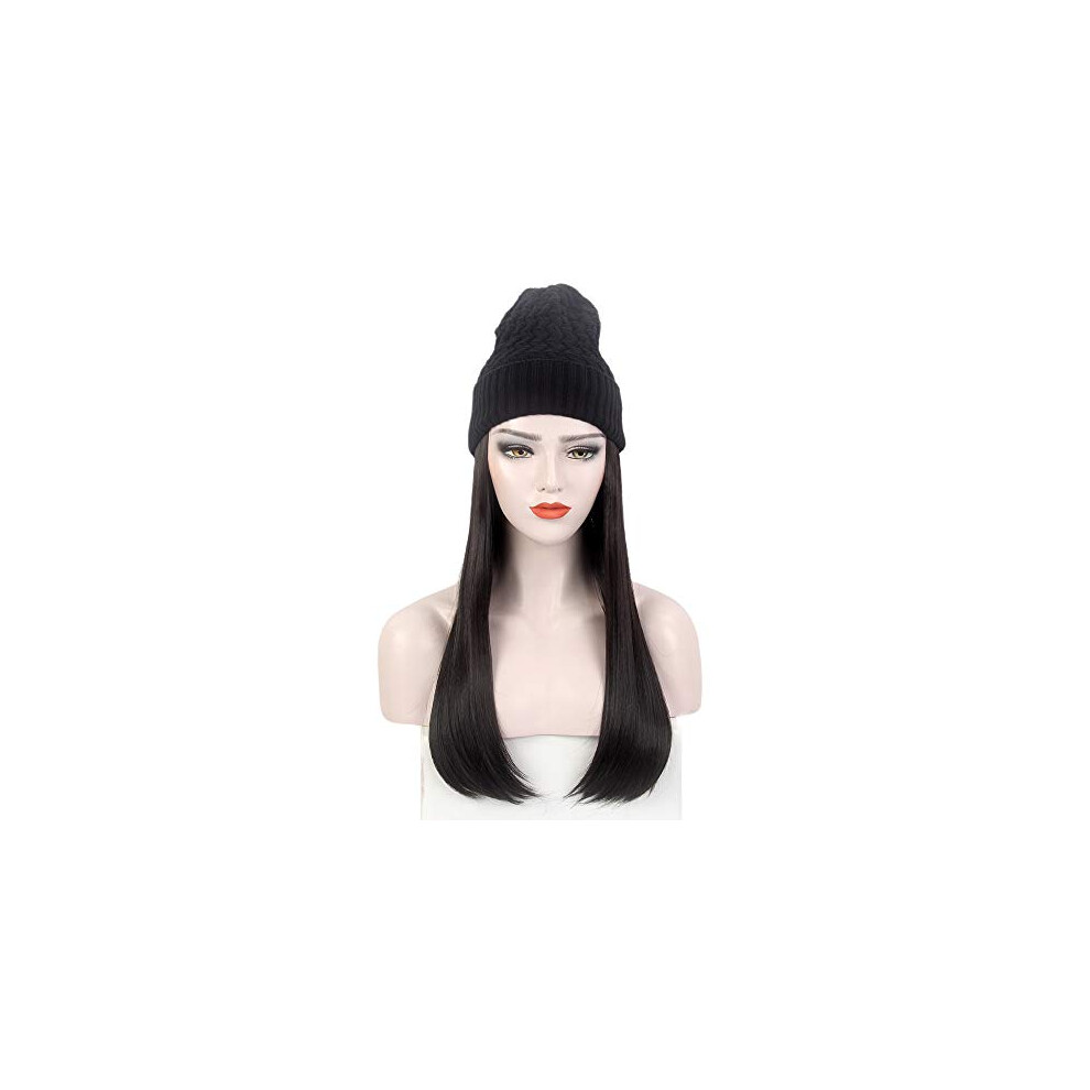 Synthetic Wig Beanie for Women with Black Long Wavy Hair, Winter Knit Hat, Heat Resistant Fiber