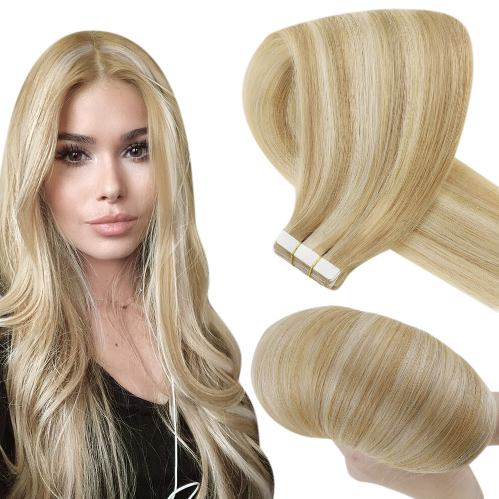 Unisex Golden Tape In Hair Extensions Remy Human Hair Blonde Highlight Seamless Bond 12 Inch 40G