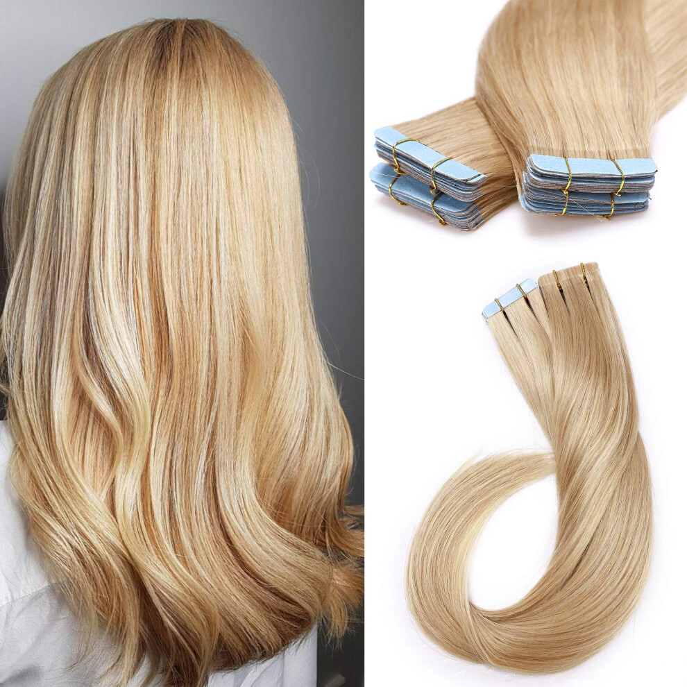 Unisex Tape In Hair Extensions Remy Human Hair 12 Inch Natural Blonde Seamless Invisible Glue Straight