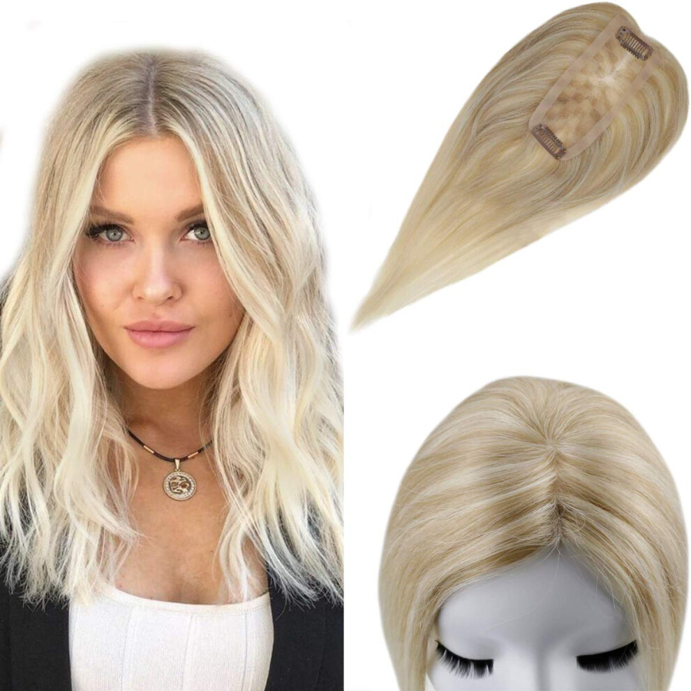 Unisex Human Hair Topper For Women Remy Extensions Clip In Mono Base 2X6 Inch Balayage Blonde 14'