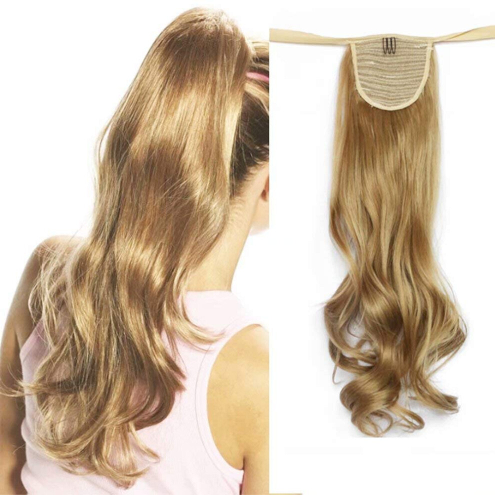 Curly Dark Blonde Clip in Ponytail Extension with Natural Wavy Texture, Heat Resistant Hairpiece