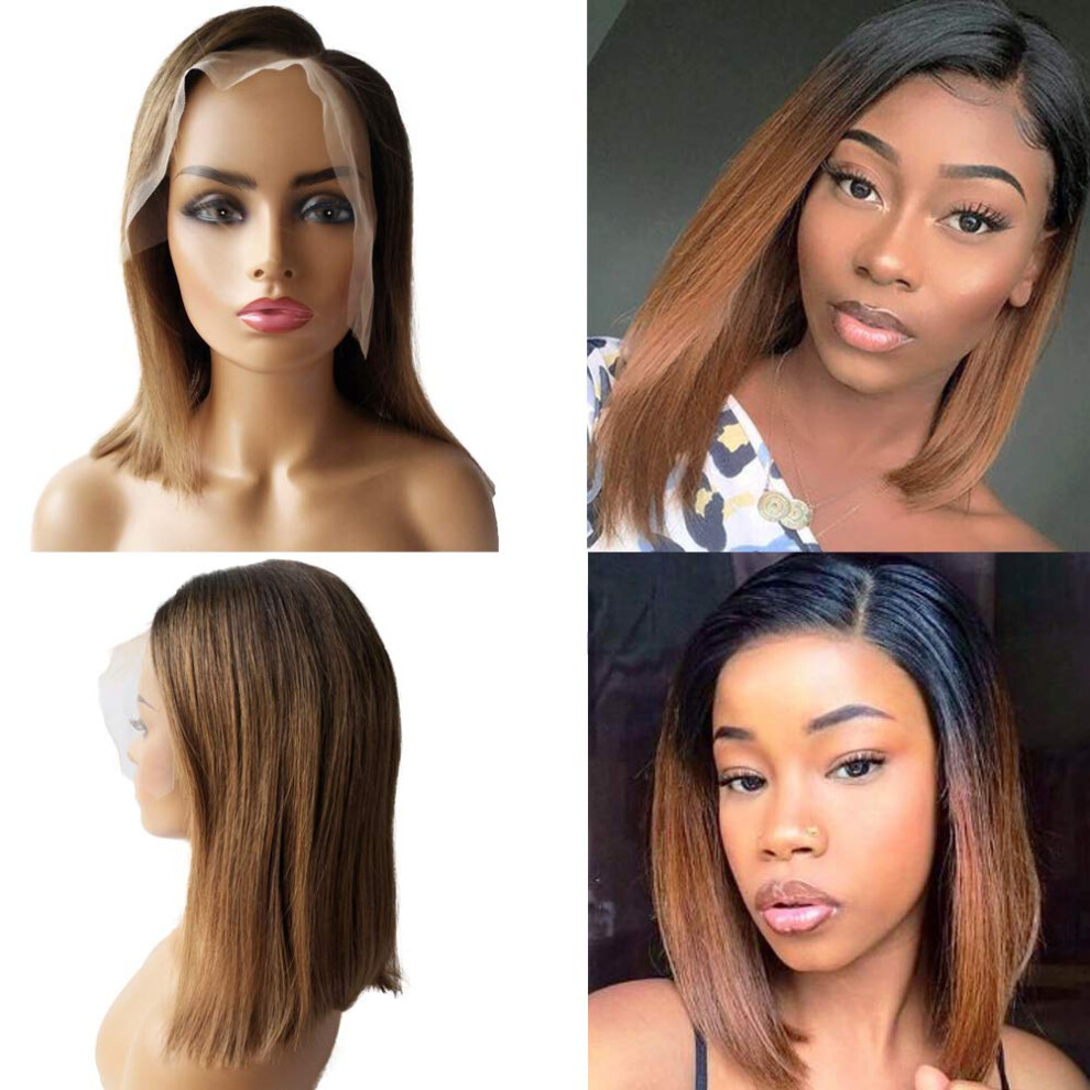 Unisex Black 14 Inch Bob Lace Front Wig Human Hair Preplucked Hairline 150% Density Bleached Knots Silky Straight For Women