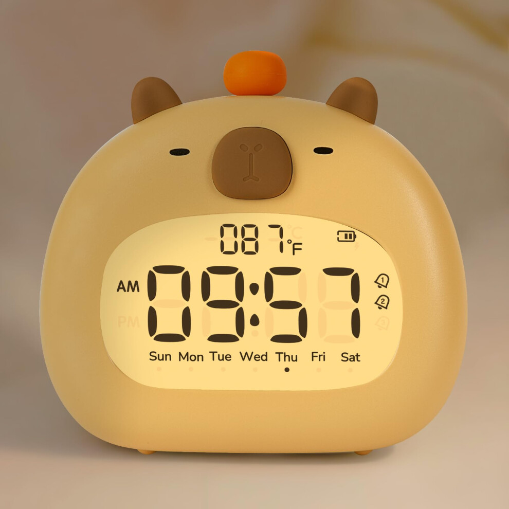 Kids Alarm Clock with Night Light, 3 Alarms, Countdown Timer, Rechargeable, Adjustable Brightness