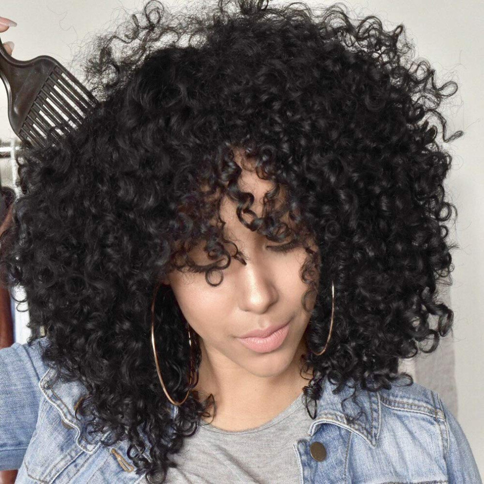 Afro Kinky Curly Wig with Bangs 14 Inch Heat Resistant Synthetic Wig for Black Women Natural Look