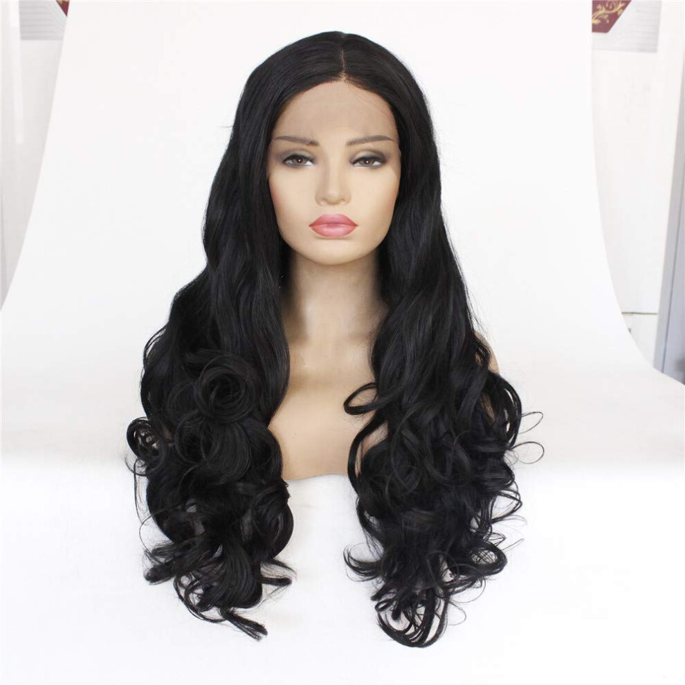 Unisex Black 18 Inch Synthetic Lace Front Wig For Women, Heatresistant Soft Wavy Natural Hairline