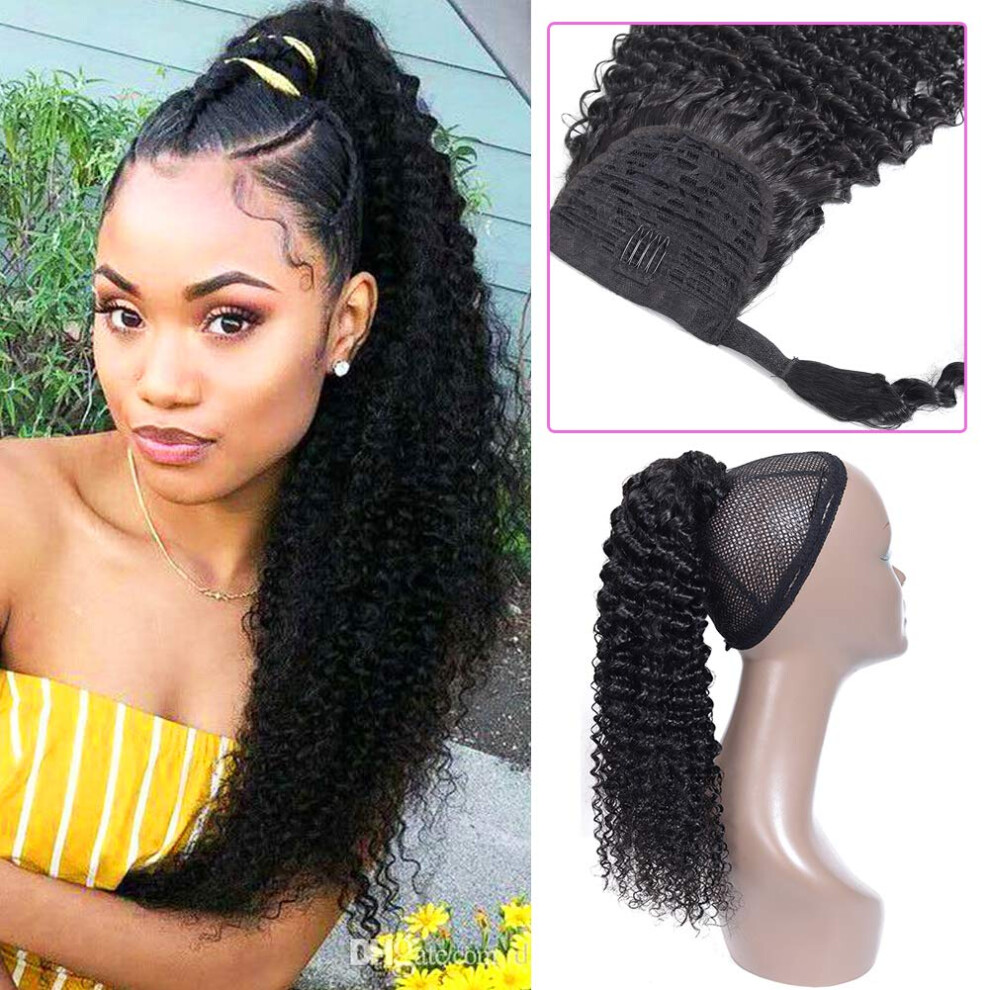 Unisex Ponytail Hair Extension Curly Human Hair Wrap Around Clip In Kinky Brazilian Virgin 14 Inch