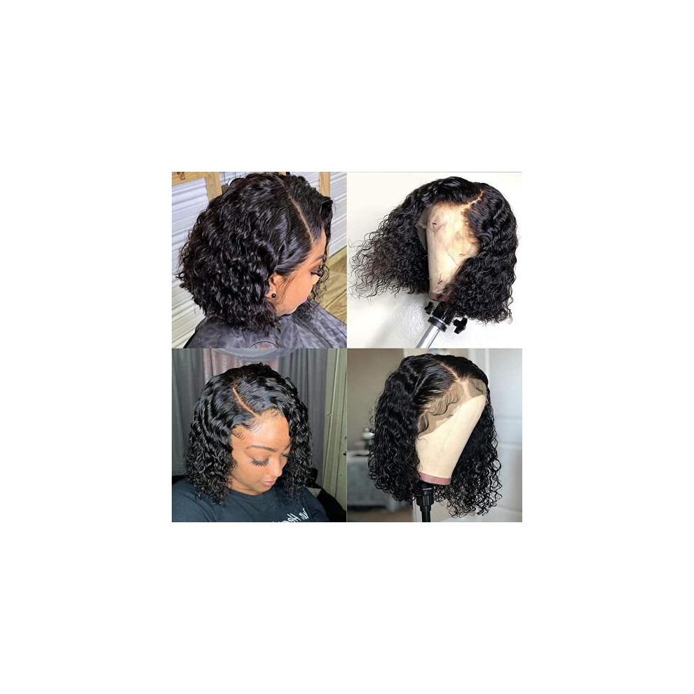 Unisex Black 13X4 Curly Lace Front Bob Wig Brazilian Human Hair For Women Pre Plucked Natural Hairline 12 Inch