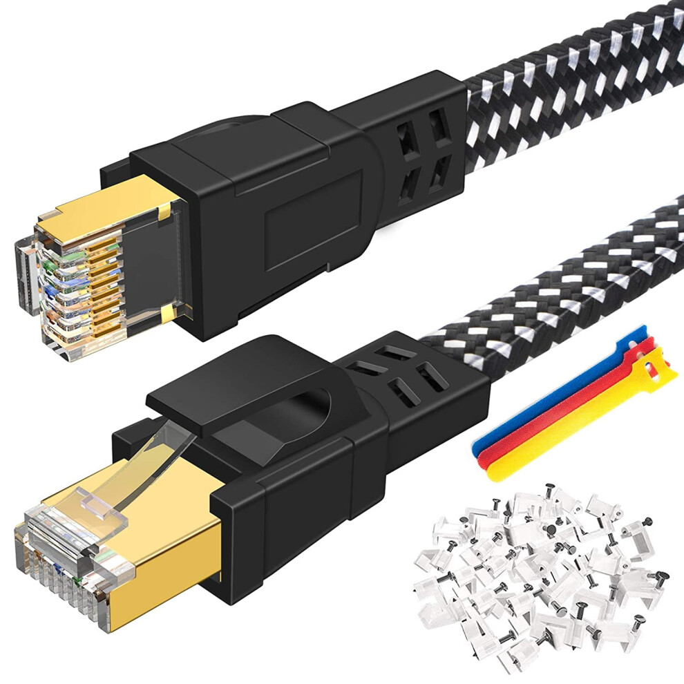 Cat 8 Ethernet Cable 100 Ft, Nylon Braided High Speed Flat Network Cable Shielded, 30Awg Lan Internet Cable 40Gbps, 9104899295798