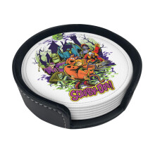 Scooby-Doo Coasters for Drinks, Set of 6 Faux Leather Embossing Coasters with Holder Waterproof Round Cup Mat Pad for Home Office Bar Coaster