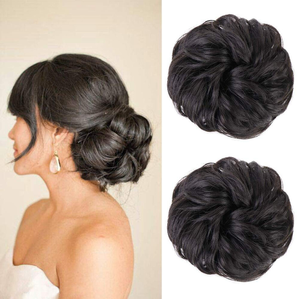 Unisex 2Pcs 100% Human Hair Bun Extensions Messy Wavy Curly Scrunchie Updo Donut Chignon 1B#